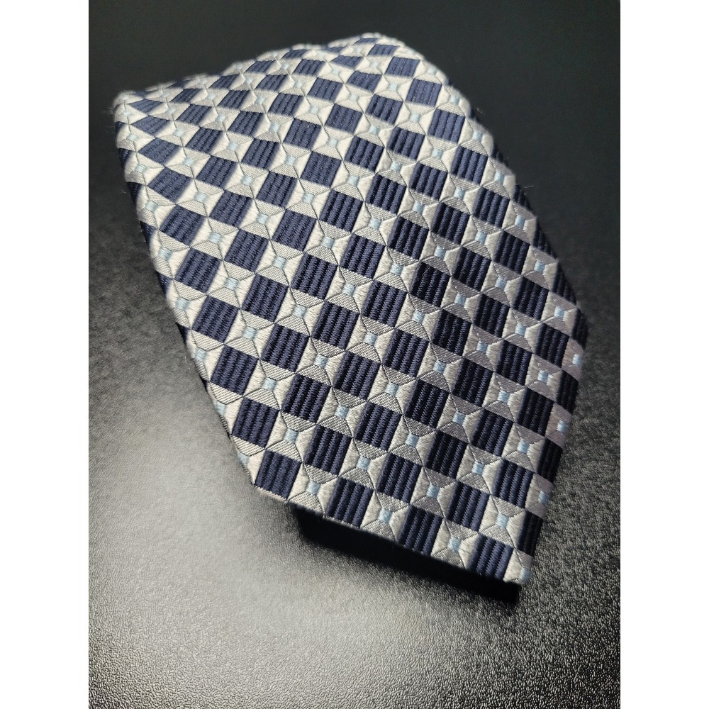 Canali Men's Necktie Navy Blue Silver Geometric Silk 3.25" x 58" Excellent